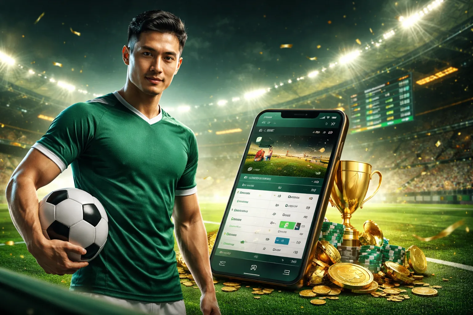 Sân vận động lớn với khán giả cổ vũ, biểu tượng cá cược thể thao u888bet